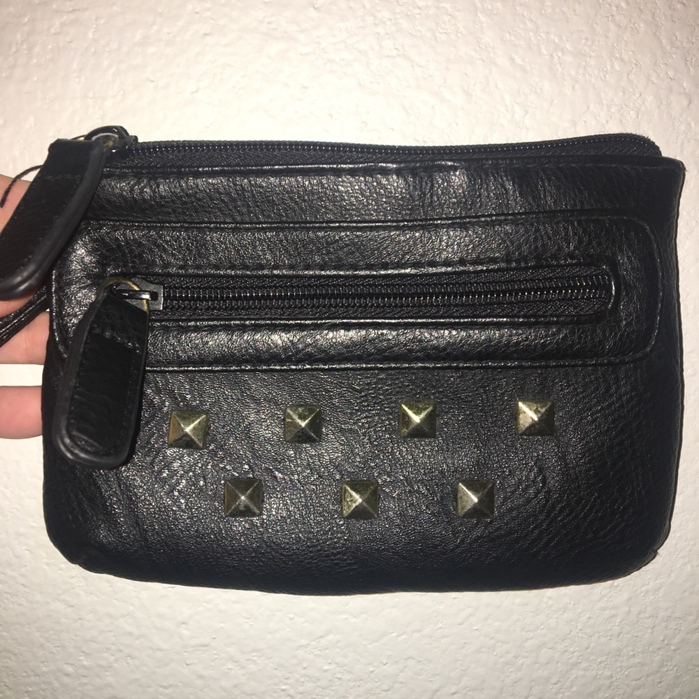 Small black clutch with wrist strap